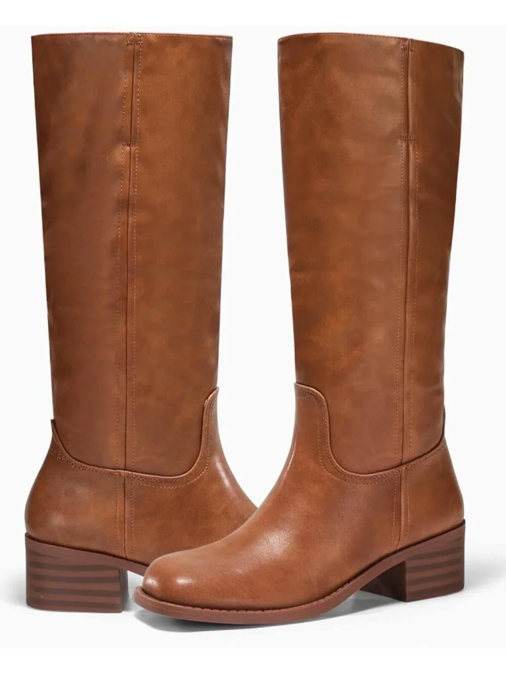 Women's Red Brown Square Toe Chunky Low Block Heel Comfortable Knee High Boots
